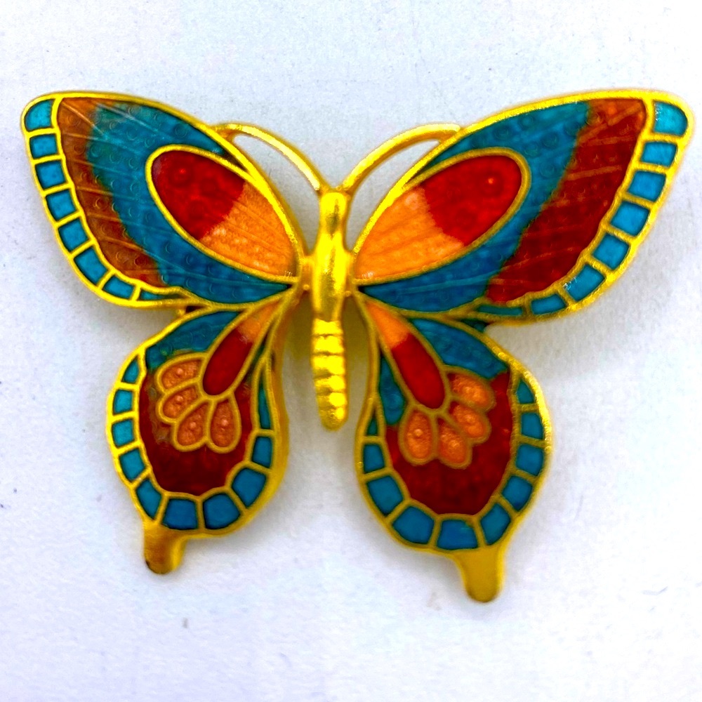 Gold Tone Cloisonné Colorful Enamel Butterfly Brooch/Pin Pink, Green, Gold & Red